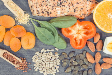 Nutritious products and ingredients containing differents vitamins or minerals for healthy hair