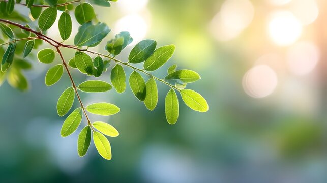 Fototapeta Detailed view of a lush green branch with fresh leaves bathed in warm sunlight set against a soft out of focus bokeh background of natural light and foliage