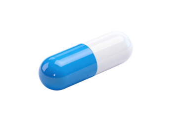 Blue and white capsule-shaped pharmaceutical pill for medical use