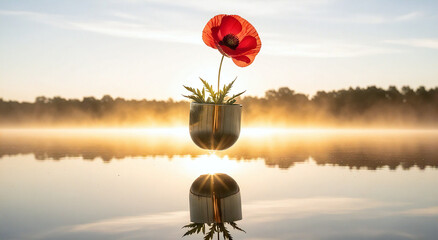 Serene Poppy Reflection: Levitation Flower in Modern Pot Over Misty Sunrise Lake