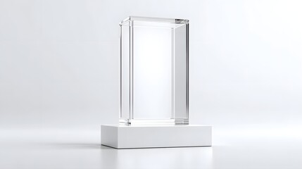 Minimalist presentation of a transparent geometric crystal award or trophy perched on a stark white pedestal symbolizing achievement and recognition in a professional studio setting