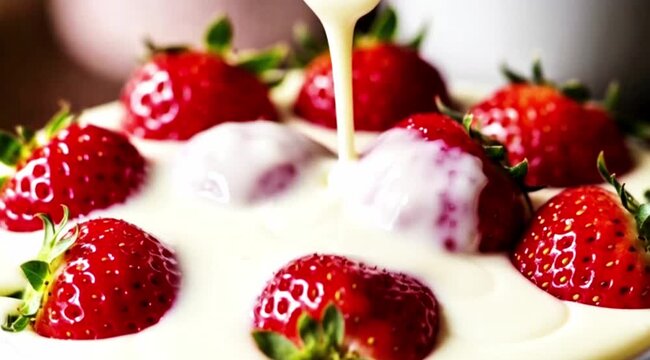 Slow-motion shot of fresh strawberries as white cream pours over them. Perfect for dessert ads, dairy promos, and sweet fruit content.