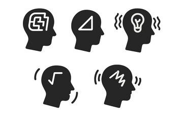 Five different heads with various expressions, including a lightbulb, a square