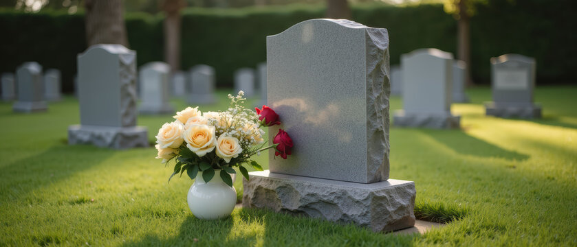 Serene cemetery scene featuring gray tombstone surrounded by lush green grass. bouquet of white and red flowers rests base, symbolizing