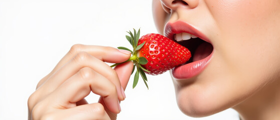 Fresh strawberry held by woman, showcasing close up of lips and hand. image conveys sense of indulgence and freshness