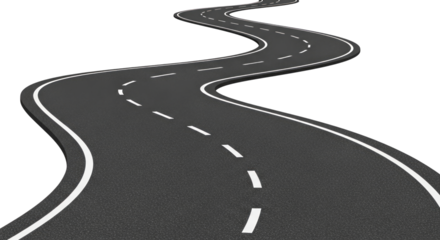 Winding asphalt road with white markings isolated on a transparent background highway