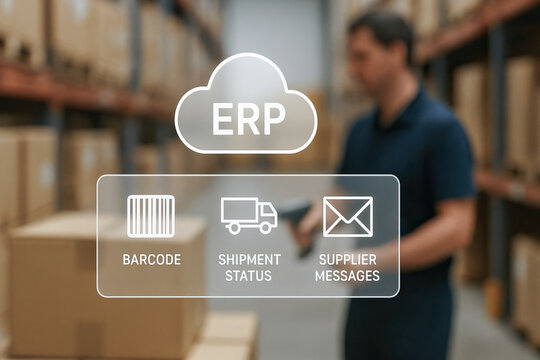 ERP cloud inventory view with worker scanning boxes warehouse showing barcode shipment status and supplier messages epr logistic platform visualizing supply chain process and operational workflow