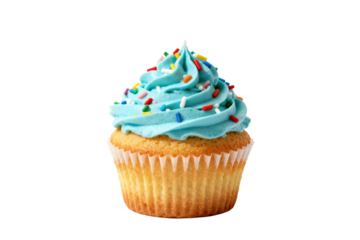 A delicious cupcake with blue frosting and colorful sprinkles