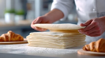 Close up of a chef s hands meticulously folding layers of dough a stack of puff pastry resting on a flour dusted kitchen counter beside golden croissants emphasizing culinary prepa n
