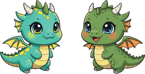 Adorable baby dragons in vibrant colors with wings and horns, cute cartoon fantasy creatures perfect for kids’ designs and artwork © Sumon Creative
