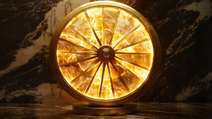 Obraz premium Wheel of Samsara, Wheel of Time , Wheel of Fortune, esoteric blogs, fortune teller community, fantasy sites, rich atmosphere, illuminated golden wheel, marble background, artistic display, copy space