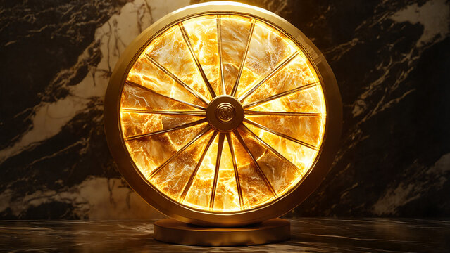 Wheel of Samsara, Wheel of Time , Wheel of Fortune,  esoteric blogs, fortune teller community, fantasy sites, rich atmosphere, illuminated golden wheel, marble background, artistic display, copy space