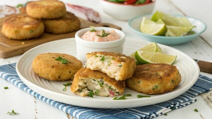 Delicious barbadian fish cakes served with lime and dipping sauce on a stylish plate