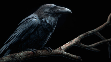 Obraz premium A majestic raven perched on a tree branch, its dark plumage contrasting against the shadowy background