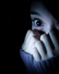 a scared young girl, with her hand covering her mouth in a dark room
