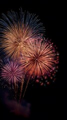 Spectacular fireworks display explodes in gold, red, and white sparks against a deep midnight blue sky capturing festive light trails.