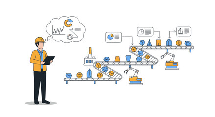 An engineer in an orange vest and hard hat holds a tablet while thinking about industrial processes depicted in a flowchart with a grandfather clock in the background, conveying a sense of