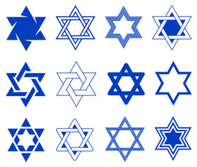 Group of different blue stars. Star of David illustrations isolated on white background