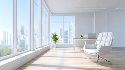 Fototapeta premium Spacious and sunlit contemporary office space with hardwood floors a sleek desk a comfortable chair and expansive showcasing a vibrant urban skyline