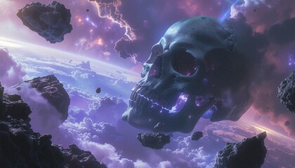Cosmic Skull Floating in Nebula Amidst Asteroids and Planets