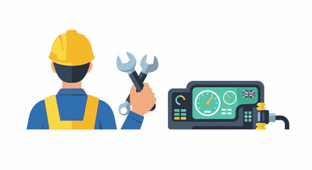 An engineer in a yellow hard hat and blue overalls holds a wrench next to a control panel with a grandfather clock in the background, conveying an industrial scene.