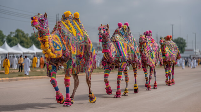 Colorful Camels Adorned With Intricate Decorations March in a Parade at the Bikaner Camel Festival