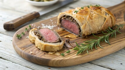 Sliced beef wellington on rustic wooden board with herbs and seasoning