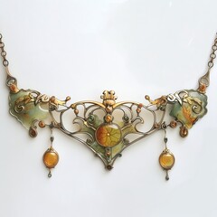 Intricate vintage necklace with colorful gemstones on a transparent background