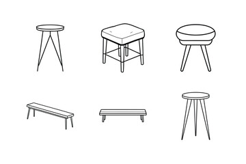 Six line art icons of stools and benches for seating furniture interior design