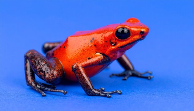 Striking red poison-dart frog with black limbs on light blue background