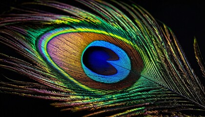 Obraz premium Close-Up of Peacock Feather on Black Background – Iridescent Colors and Eye Pattern Showcasing Natural Beauty, Structural Coloration, and Artistic Inspiration