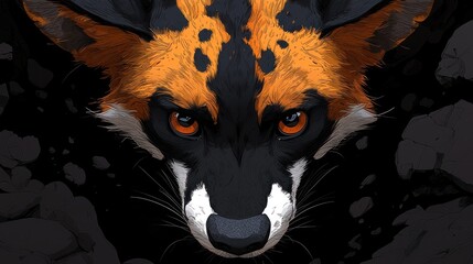 A captivating portrait of a canine-like creature, rendered in vibrant orange, black, and white fur, set against a dark backdrop
