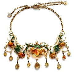 Vintage gold gemstone necklace with floral motifs on a transparent background