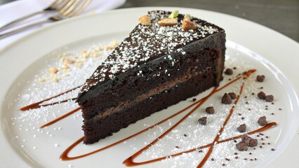 Delicious black cake slice garnished with silver dust and served on a white plate in an elegant setting