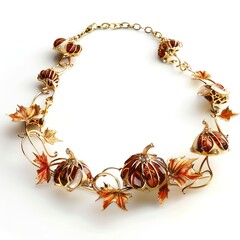 Autumn-inspired pumpkin and leaf necklace on a transparent background