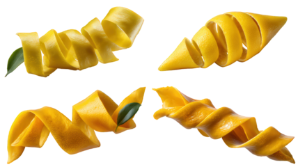 A bright yellow lemon peel spirals gracefully, appearing isolated and floating on a transparent background, perfect as a clean PNG image.