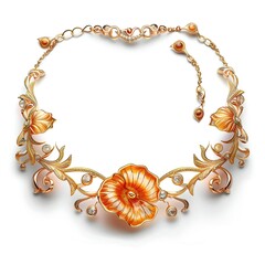 Elegant floral necklace with orange flowers and diamonds on a transparent background