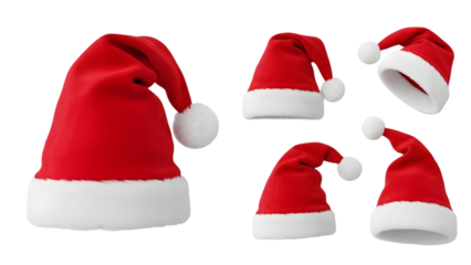 Collection of red santa hats with white trim and pom poms isolated on transparent background for christmas decoration