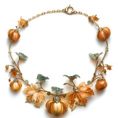 Autumn-inspired pumpkin and leaf necklace on a transparent background