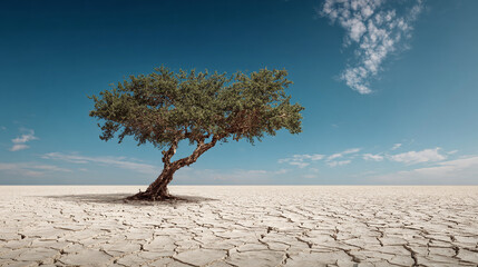 An isolated tree standing in a cracked earth under a bright blue sky. It’s a scene of resilience, growth, and survival in a harsh landscape.