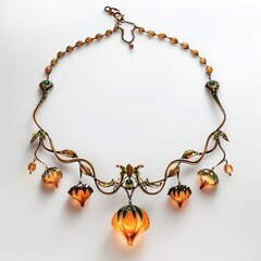 Elegant vintage floral necklace with orange gemstones on a transparent background