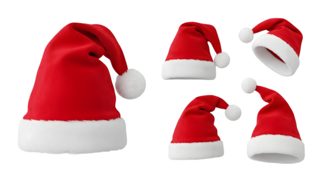 Collection of red santa hats with white trim and pom poms isolated on transparent background for christmas decoration - Powered by Adobe