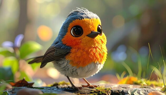 Adorable, round robin bird with big eyes perched on a mossy base in a sun-dappled forest