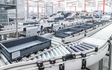 packing line in a logistics warehouse. conveyor belt in a modern production line