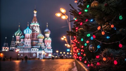 Bokeh Christmas lights creating a festive atmosphere near St. Basil's Cathedral during the evening in Moscow