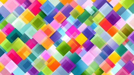 A dynamic modern digital art background featuring a repeating pattern of overlapping translucent diamond and square shapes in a vivid multi colored palette creating depth and visual energy