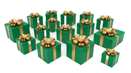 A collection of green gift boxes with golden bows perfect for celebrations and special occasions.