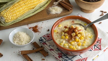 Delicious brazilian canjica sweet corn pudding served with spices and ingredients on a festive table