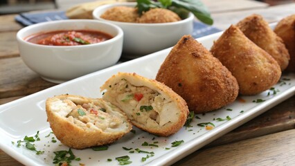 Tasty brazilian coxinhas filled with fried chicken, served with sauce on a wooden table
