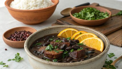 Brazilian feijoada served in a clay bowl with orange slices and garnished with herbs